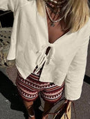 INAWLY Camisa de Verão Casual Feminina de Cor Sólida com Amarração na Frente
