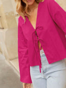 INAWLY Camisa de Verão Casual Feminina de Cor Sólida com Amarração na Frente
