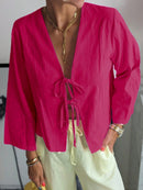 INAWLY Camisa de Verão Casual Feminina de Cor Sólida com Amarração na Frente