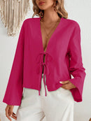 INAWLY Camisa de Verão Casual Feminina de Cor Sólida com Amarração na Frente