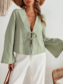 INAWLY Camisa de Verão Casual Feminina de Cor Sólida com Amarração na Frente