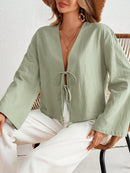 INAWLY Camisa de Verão Casual Feminina de Cor Sólida com Amarração na Frente