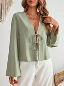 INAWLY Camisa de Verão Casual Feminina de Cor Sólida com Amarração na Frente