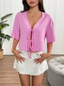 INAWLY Camisa de Verão Casual Feminina de Cor Sólida com Amarração na Frente