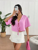 INAWLY Camisa de Verão Casual Feminina de Cor Sólida com Amarração na Frente