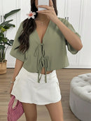 INAWLY Camisa de Verão Casual Feminina de Cor Sólida com Amarração na Frente