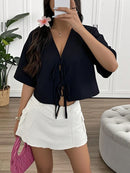INAWLY Camisa de Verão Casual Feminina de Cor Sólida com Amarração na Frente