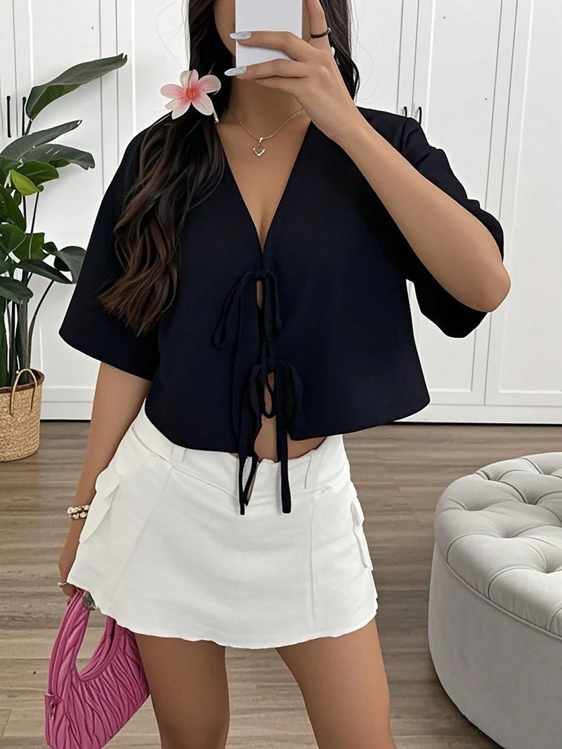 INAWLY Camisa de Verão Casual Feminina de Cor Sólida com Amarração na Frente