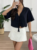 INAWLY Camisa de Verão Casual Feminina de Cor Sólida com Amarração na Frente