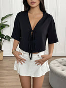 INAWLY Camisa de Verão Casual Feminina de Cor Sólida com Amarração na Frente