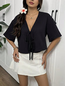 INAWLY Camisa de Verão Casual Feminina de Cor Sólida com Amarração na Frente