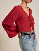 INAWLY Camisa de Verão Casual Feminina de Cor Sólida com Amarração na Frente