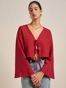 INAWLY Camisa de Verão Casual Feminina de Cor Sólida com Amarração na Frente