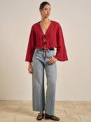 INAWLY Camisa de Verão Casual Feminina de Cor Sólida com Amarração na Frente