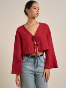 INAWLY Camisa de Verão Casual Feminina de Cor Sólida com Amarração na Frente