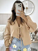 INAWLY Camisa de Verão Casual Feminina de Cor Sólida com Amarração na Frente
