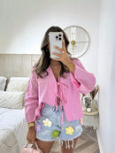 INAWLY Camisa de Verão Casual Feminina de Cor Sólida com Amarração na Frente