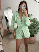 Conjunto Feminino Linho Manga LONGA Shorts e Camisa