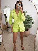 Conjunto Feminino Linho Manga LONGA Shorts e Camisa