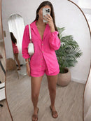 Conjunto Feminino Linho Manga LONGA Shorts e Camisa