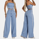 Calça Jeans Feminina Pantalona Feminina Listras Laterais Promoção