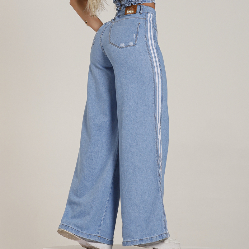 Calça Jeans Feminina Pantalona Feminina Listras Laterais Promoção